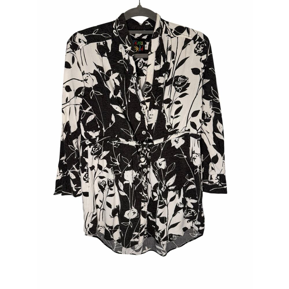 VTG Jams World Black White Floral Tie Front Button Top S 90s Art To Wear Boho